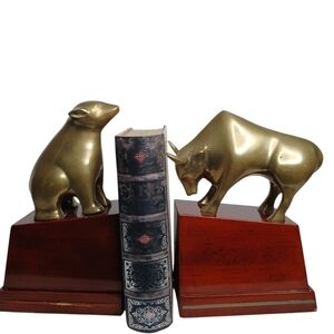 COPY - Vintage 80's Great City Traders Bull and Bear Bookends Bronzed Brass and…